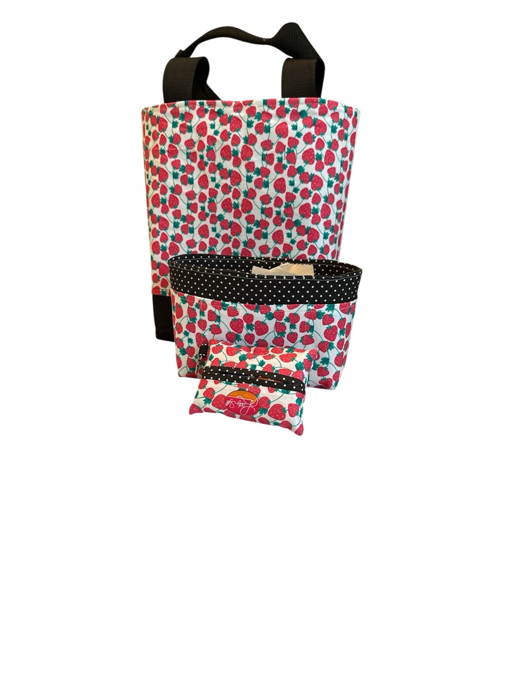 Strawberry Print Tote Bag Set - Pink & Black